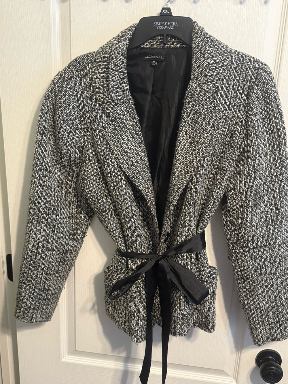 Notations Black and White Tweed Shawl Collar Blazer with Waist Tie